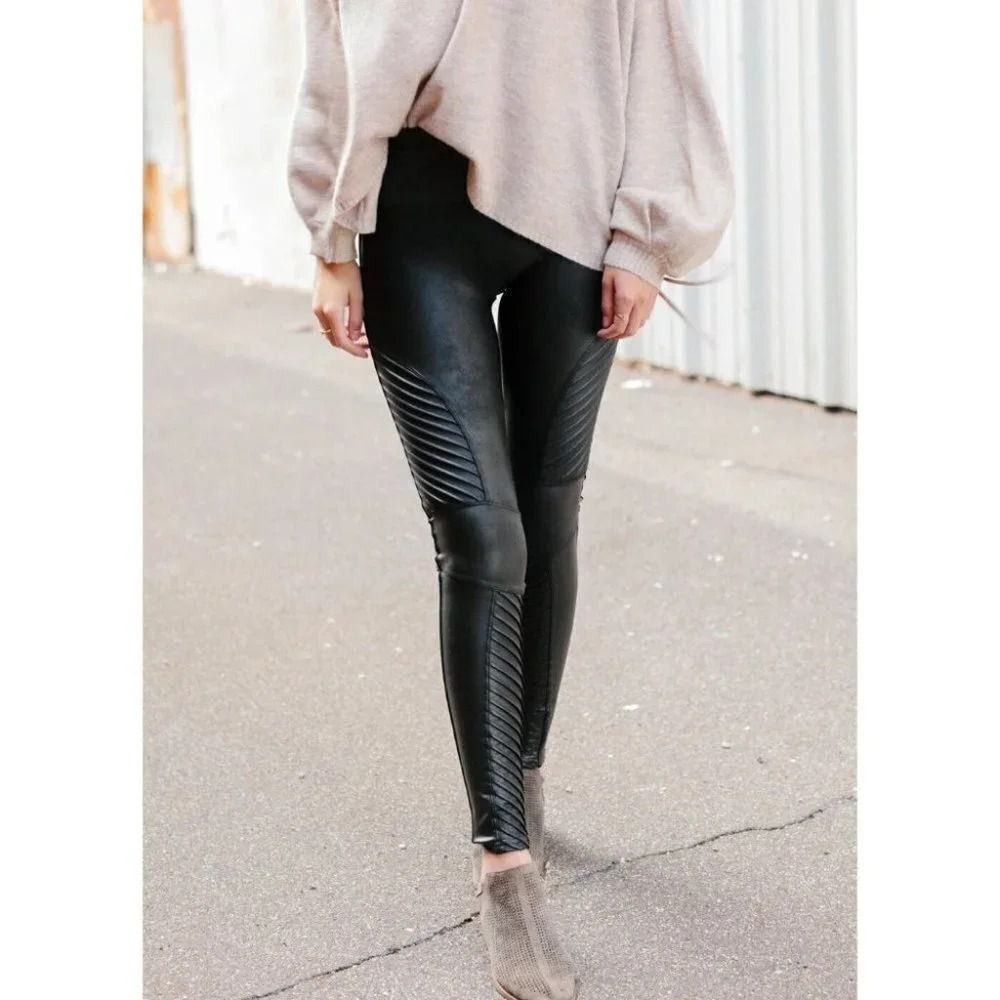 Spanx Black Faux Leather Moto Leggings